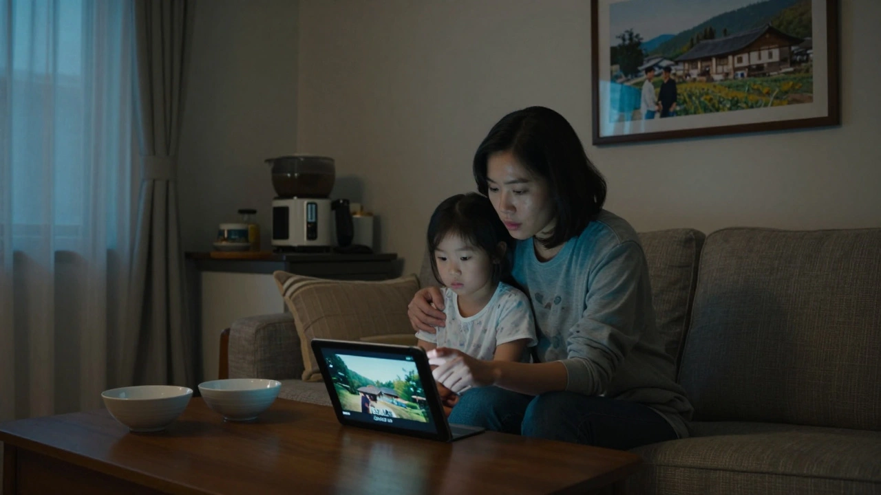 A Korean-American mother and daughter paused mid-film, gazing at a quiet kitchen scene from 'Minari' in their cozy living room.