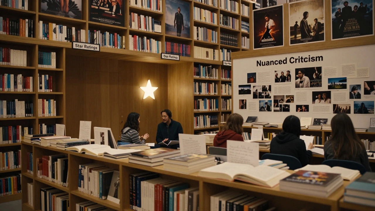 A library with empty star ratings shelves and overflowing critical analysis materials, representing the value of thoughtful film discussion.