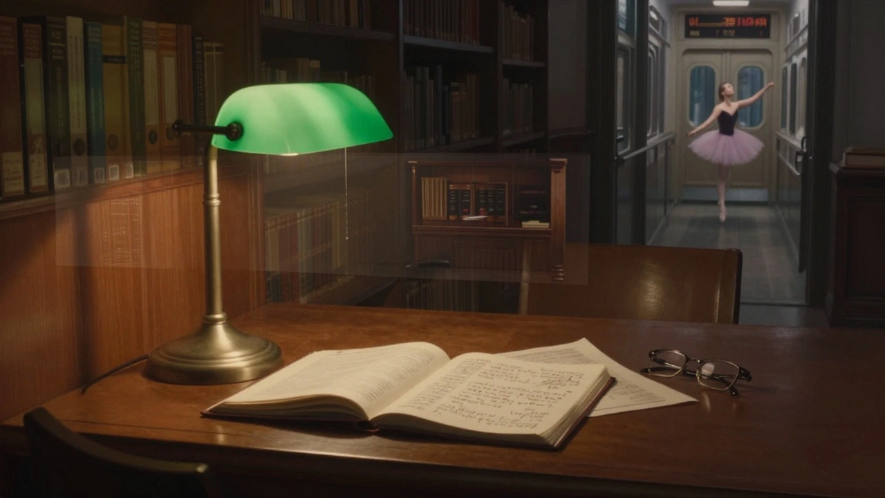 A lit desk in a quiet library with an open memoir, film script, and glasses, while ghostly images of key life moments fade around it.