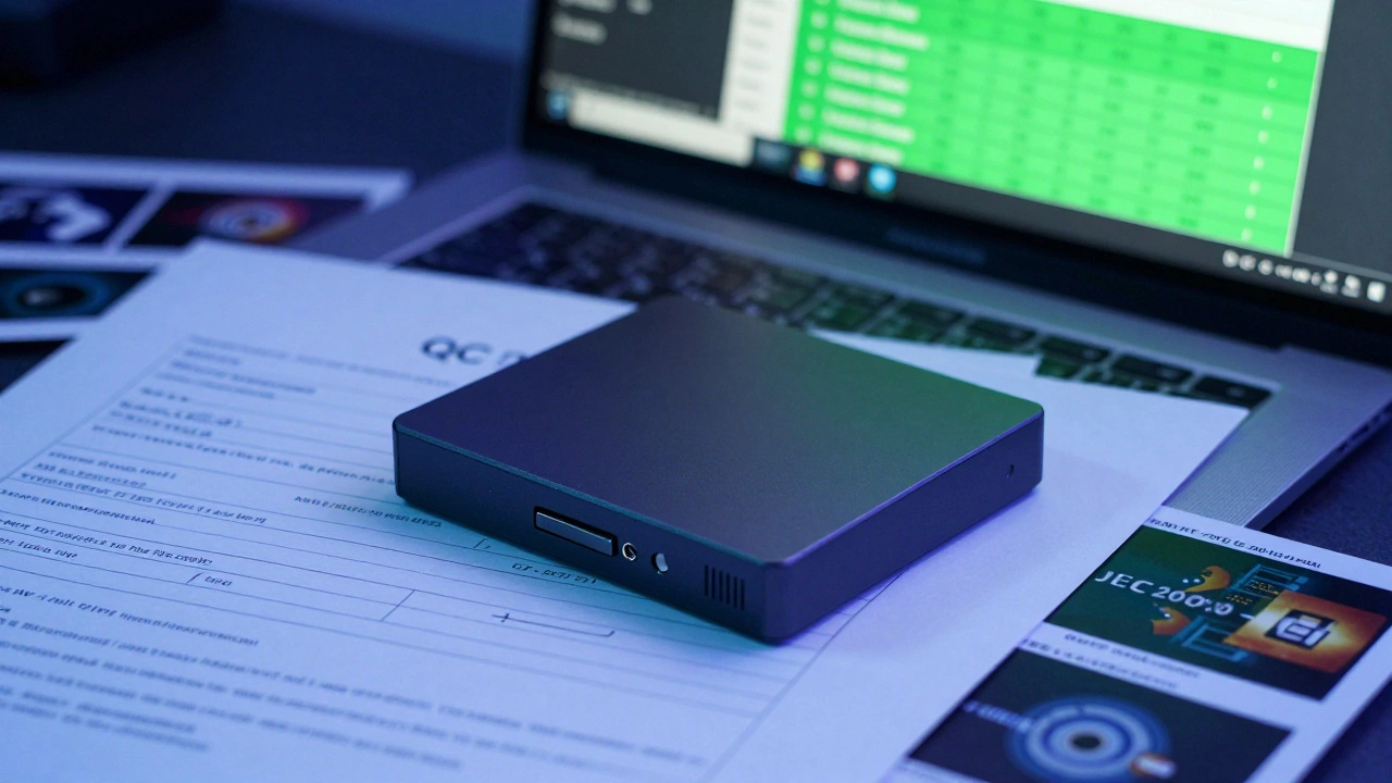 A locked external hard drive with a QC report and DCP files on a desk under blue lighting.