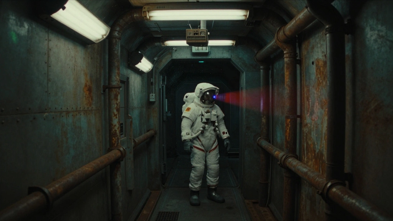 A lone astronaut in a dim, metallic spaceship hallway, flickering lights and shadows suggesting unseen danger.