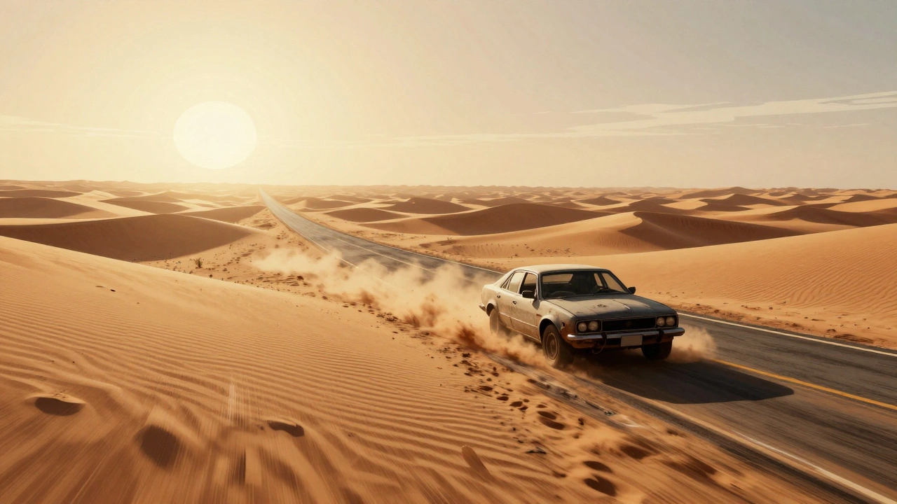 A lone car speeding through endless desert dunes under a hazy dawn, kicking up thick clouds of dust.
