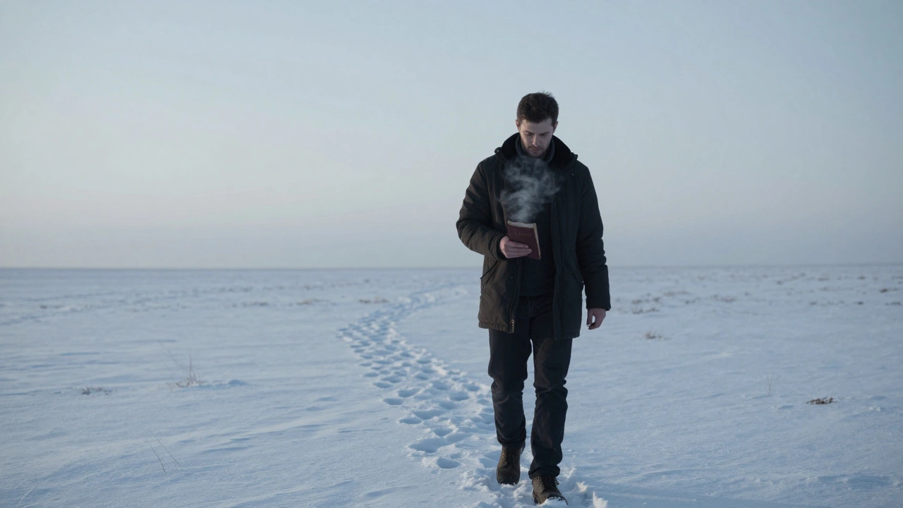 A lone walker carries a Bible through a barren, snowy wasteland at dawn.
