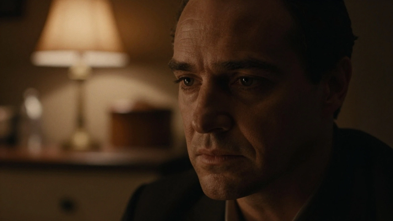 A man's face is softly lit in shadow, half-hidden in a quiet kitchen at night.