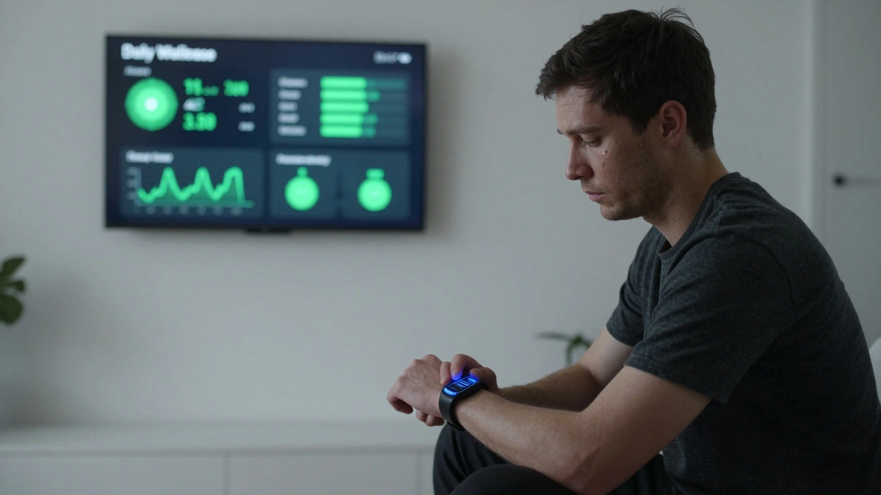 A man in a sterile room holding a wellness device, his face calm but eyes empty as metrics glow on a screen behind him.