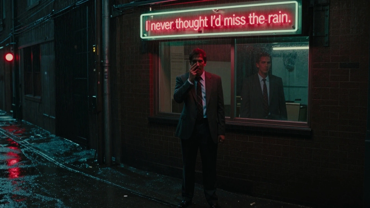 A man stands alone in a rainy alley, his inner thought echoed silently in the damp night.