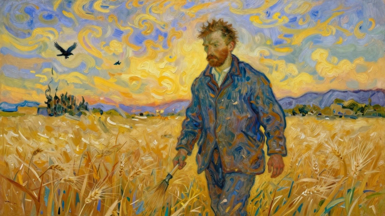 A man walking through a golden field, painting as crows fly above him at sunset.