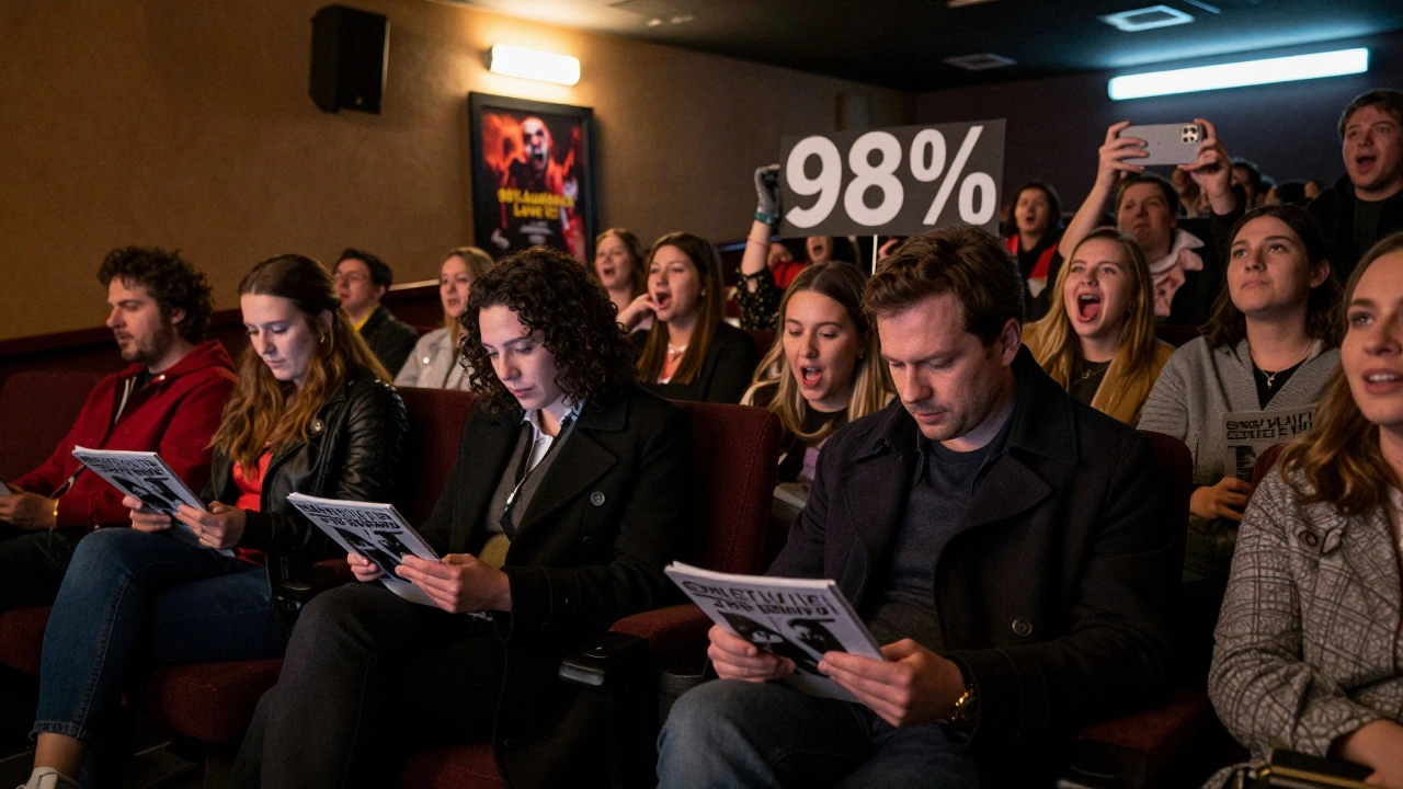 A movie theater lobby with critics reviewing films and audiences celebrating, under a '98%' sign with a small average rating.