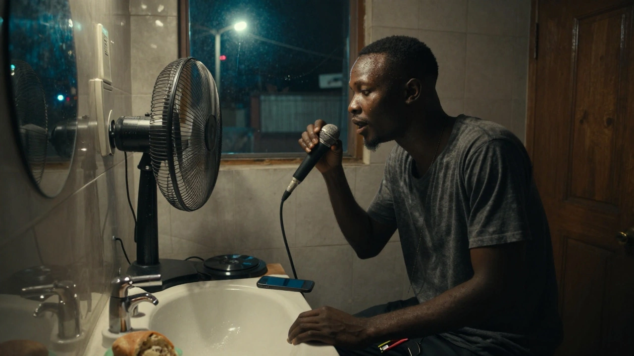 A music producer records a beat in a bathroom with a fan running to drown out noise.