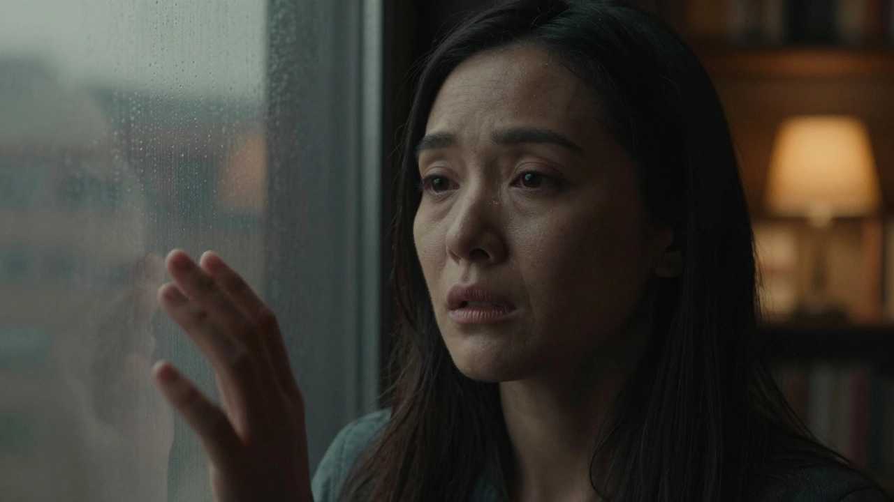 A non-binary actor's face lit by window light, eyes filled with grief, hands hovering in quiet longing.