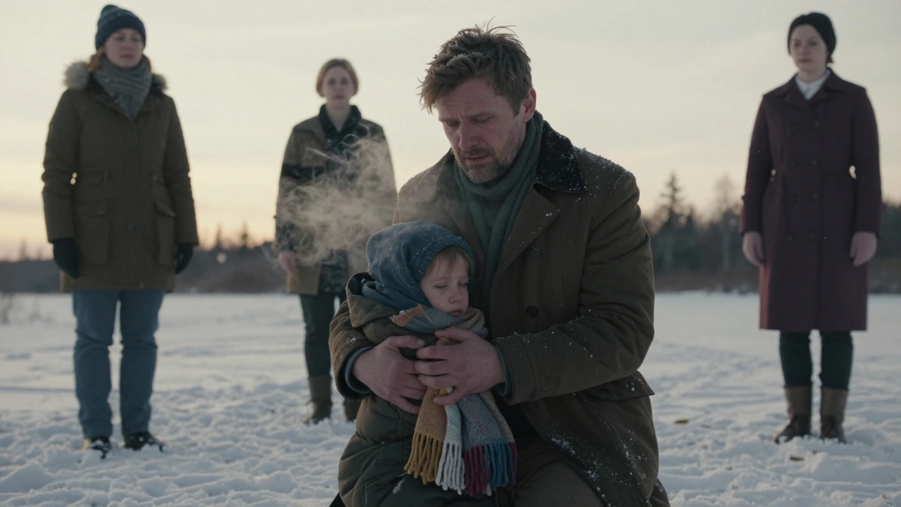 A Polish actor kneels in snow, clutching a child's scarf, face filled with quiet grief.