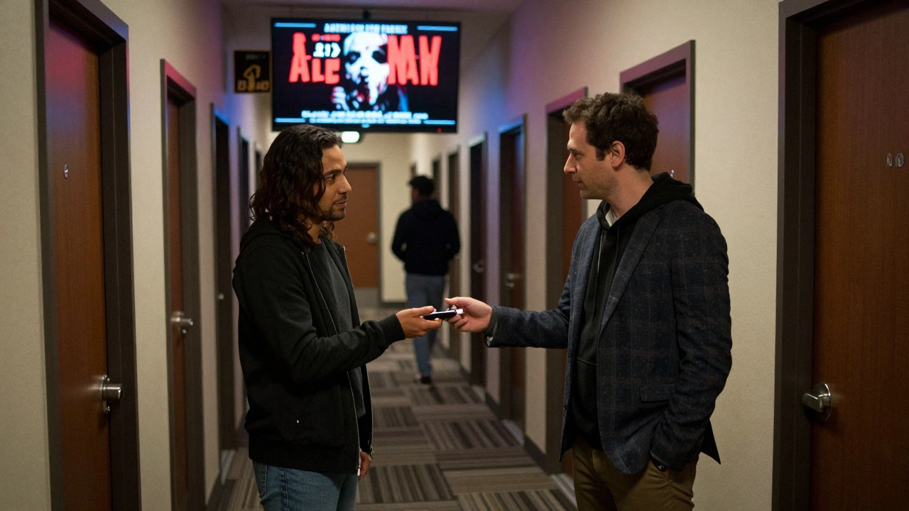 A producer hands a film trailer USB to a distributor in a crowded AFM hallway at night.