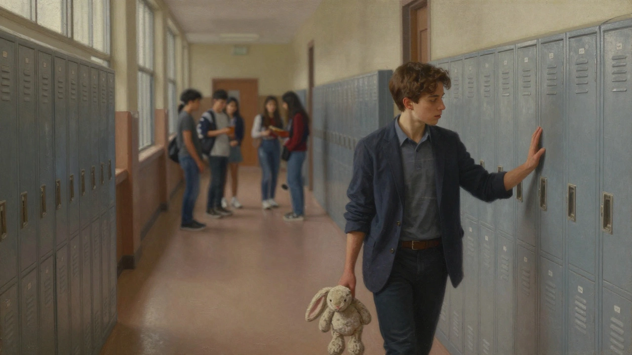 A quiet boy walks down a school hallway, clutching a stuffed rabbit, surrounded by blurred figures.