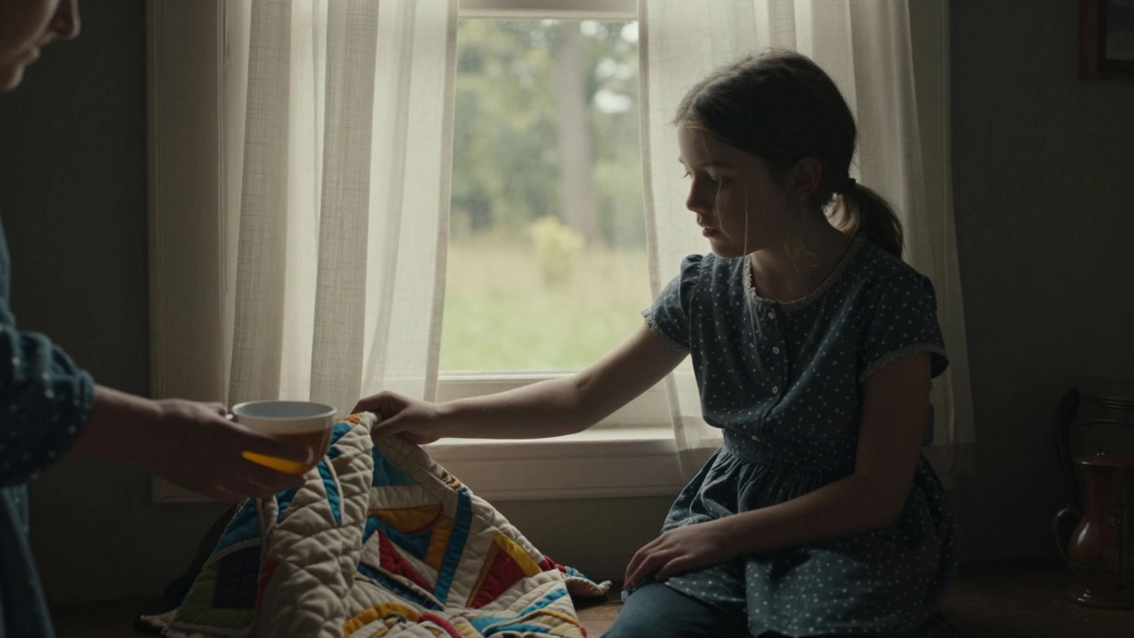 A quiet moment in a sunlit room, a girl reaching for a quilt as a woman offers tea.