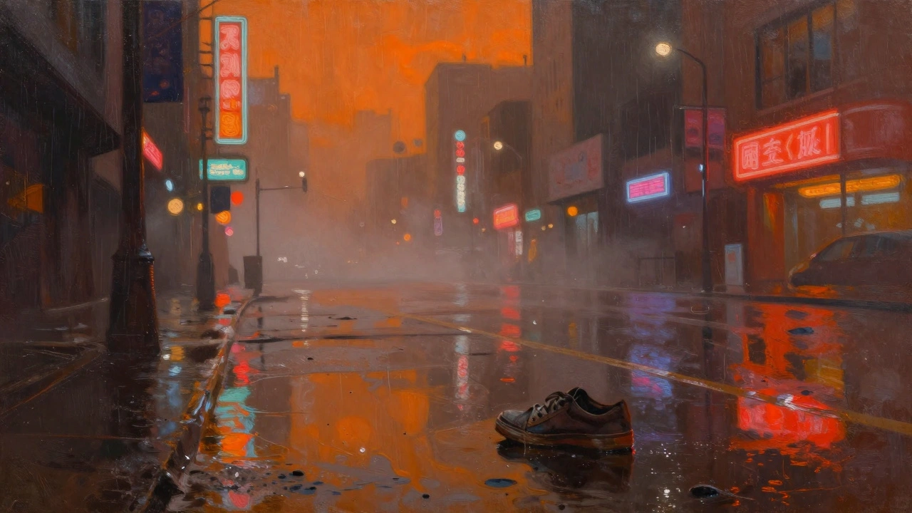A rainy neon city at night with glowing signs reflected in oily puddles and a child's shoe half-buried in wet concrete.