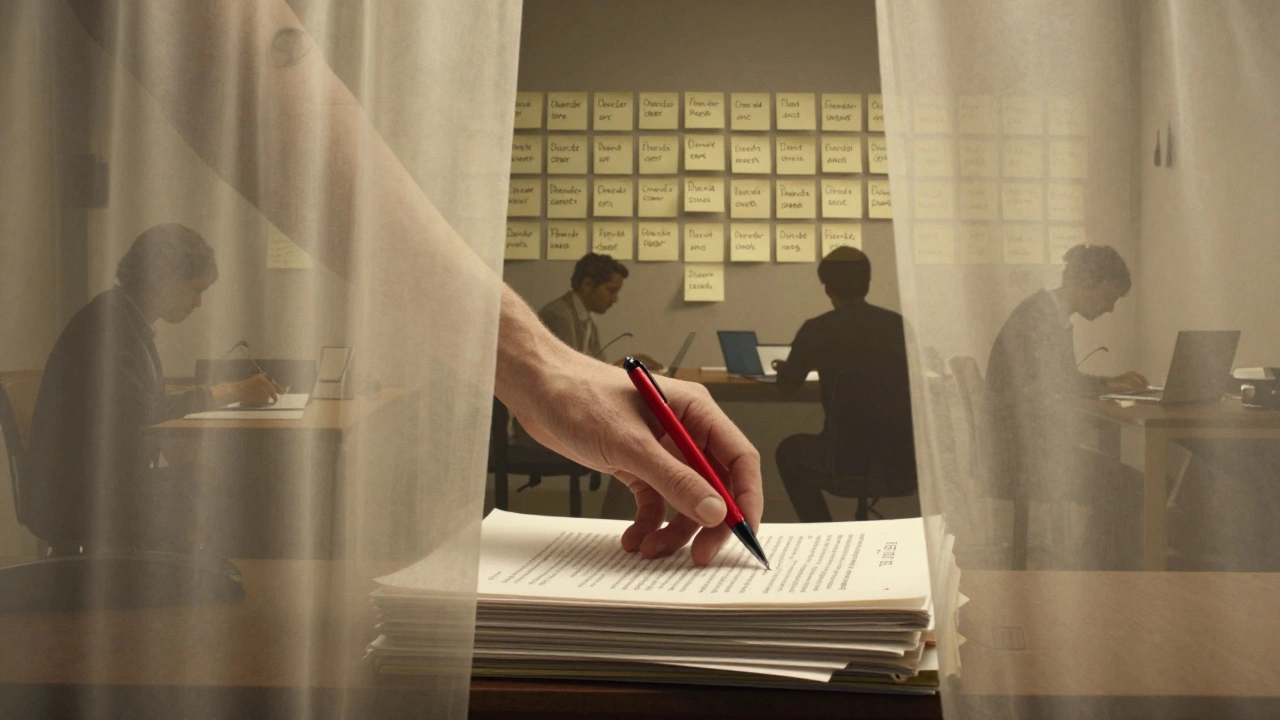 A red pen placed on stacked scripts, symbolizing the power of feedback.