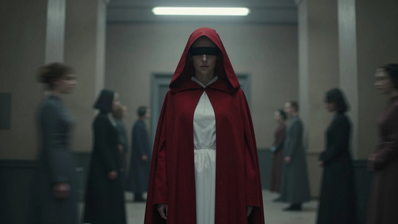 A red-robed figure in a white dress stands alone in a gray, oppressive environment, a silent act of defiance.