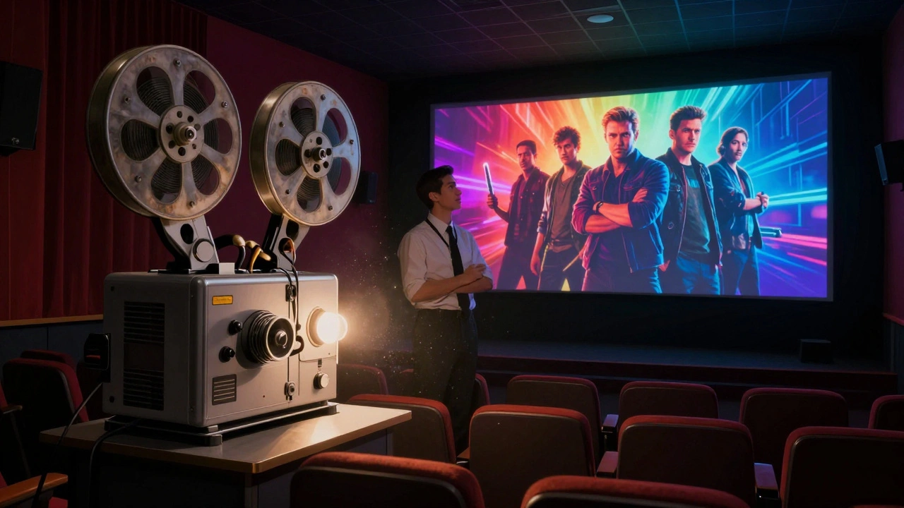 A small theater with both an old projector and a modern LED screen, symbolizing the transition in cinema technology.
