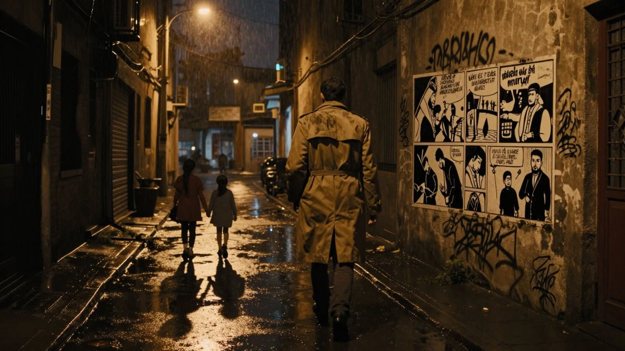 A solitary figure walks through a rainy alley with comic art graffiti reflecting the Iranian Revolution, lit by dim streetlights.