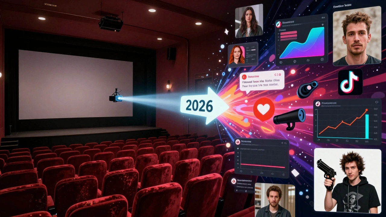 A split image contrasting an empty theater with a vibrant digital storm of online reactions to a streaming film.