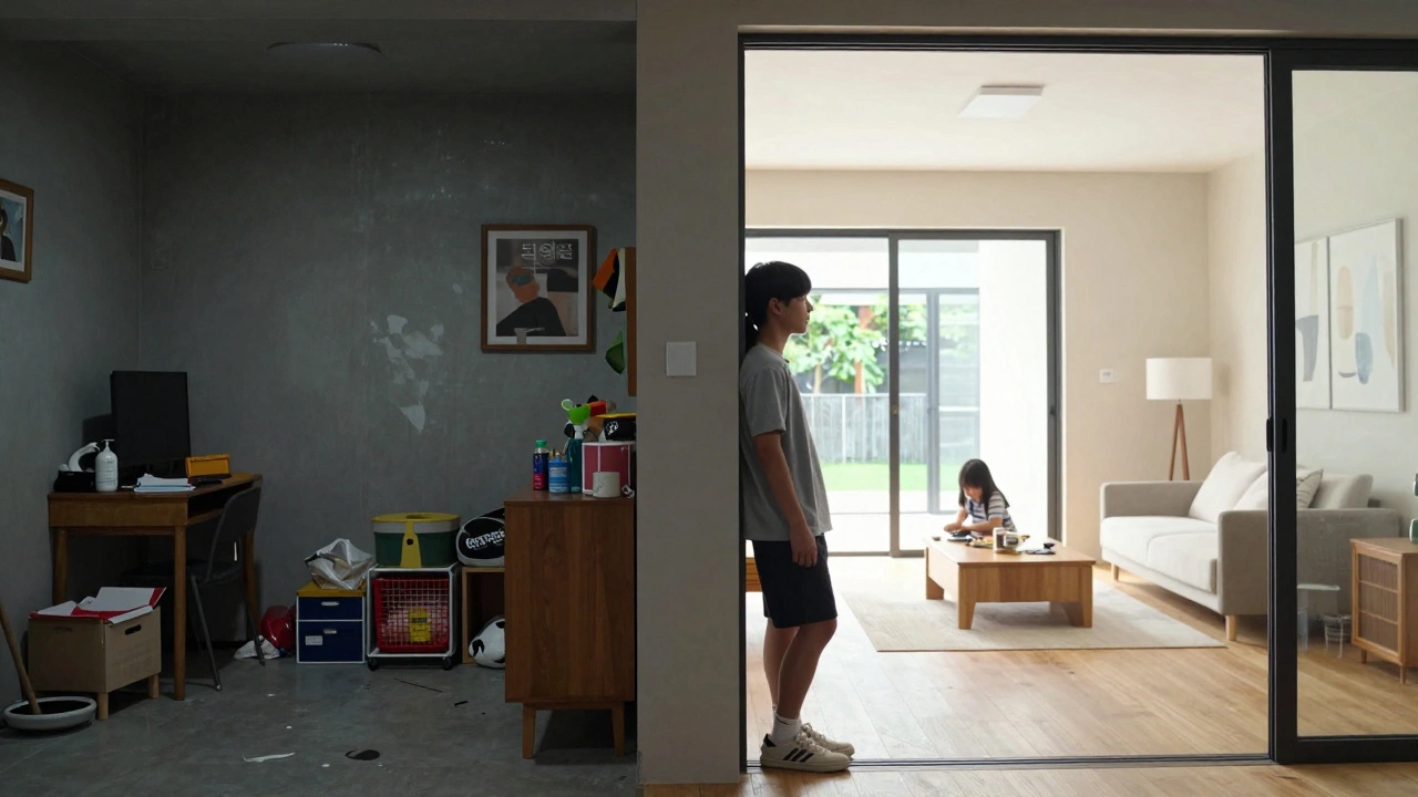 A split scene showing a dark, cluttered basement apartment next to a bright, minimalist modern home, highlighting social divide.