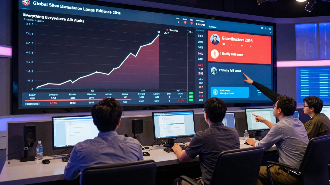 A studio dashboard displays emotional impact metrics for diverse films, with one flagged as inauthentic while others soar in connection.
