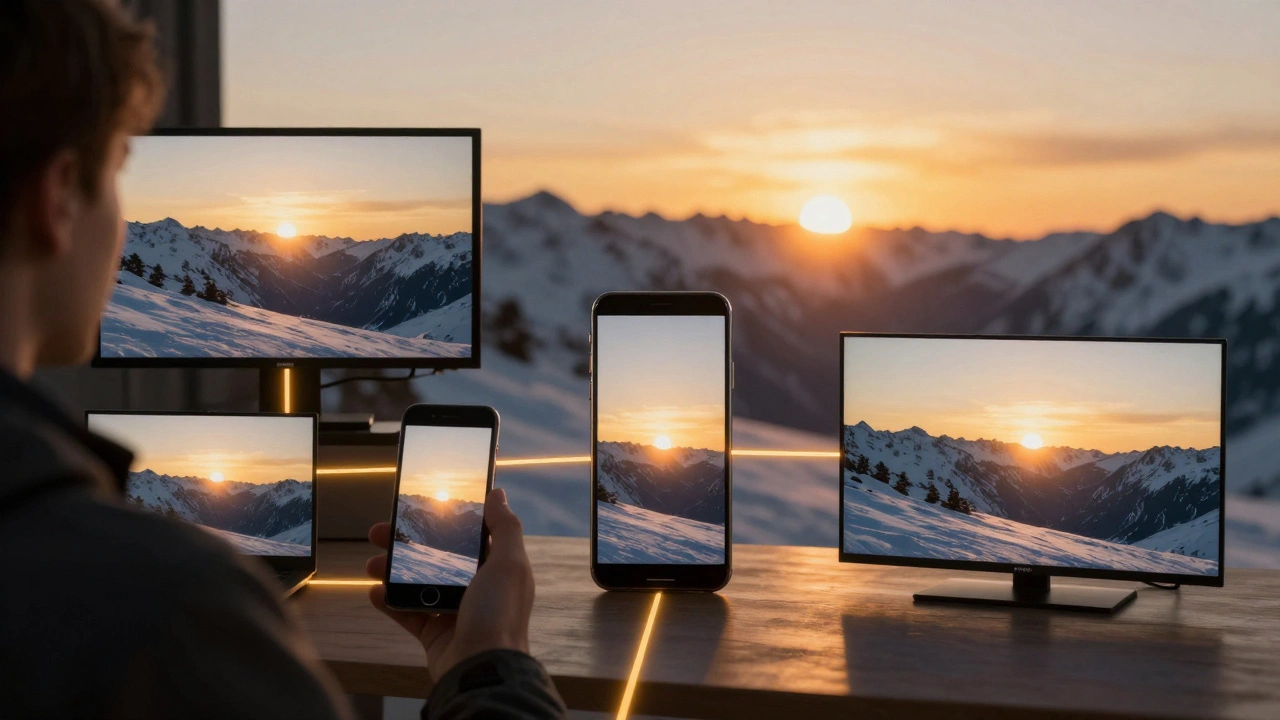 A sunset scene displayed identically on a theater screen, TV, and smartphone.