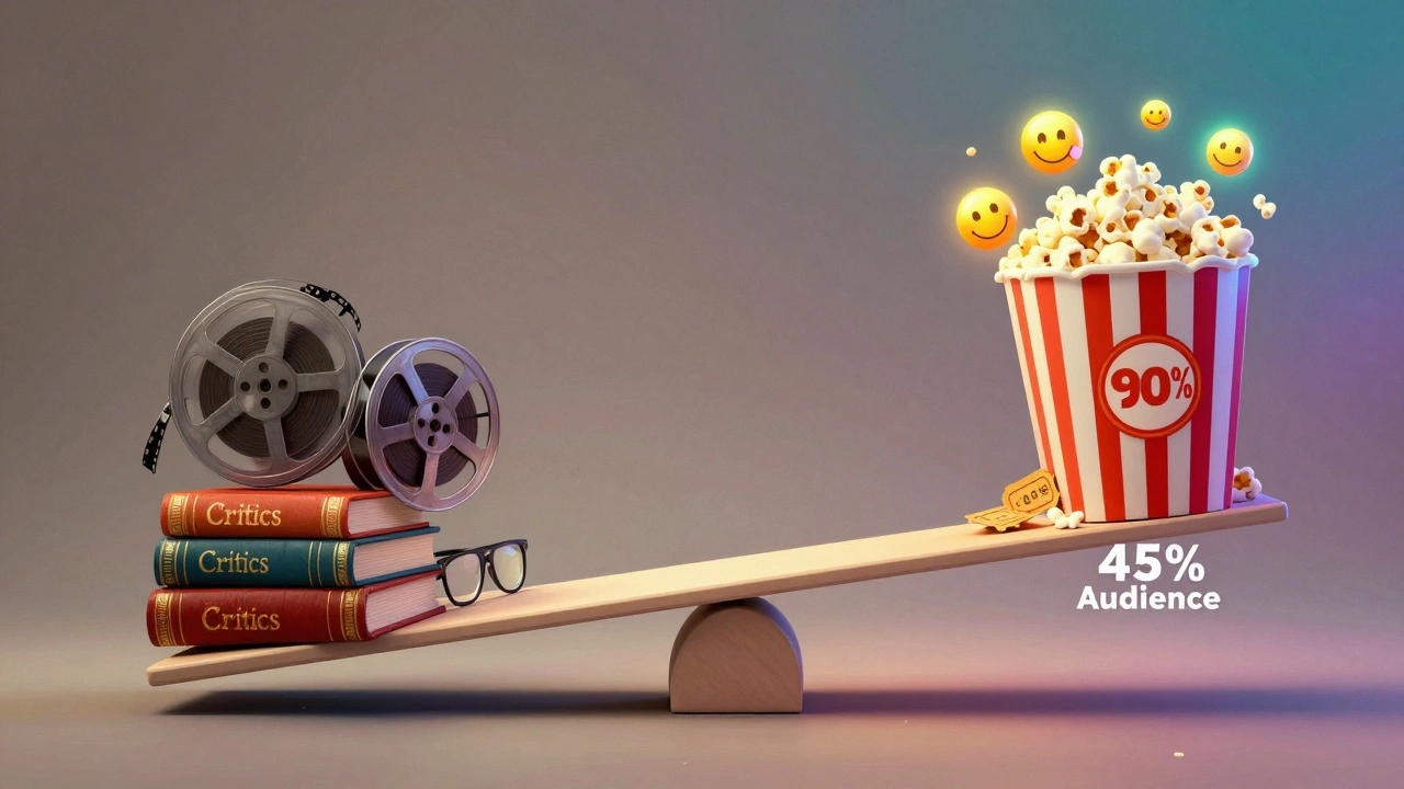 A surreal seesaw balancing books and film reels against popcorn and emojis, symbolizing critics vs. audience scores.