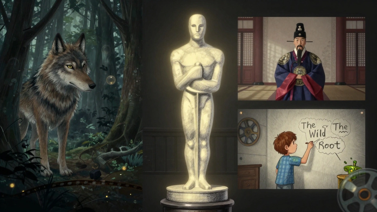 A symbolic Oscar statuette made of sketches from global animated films, glowing faintly in darkness.