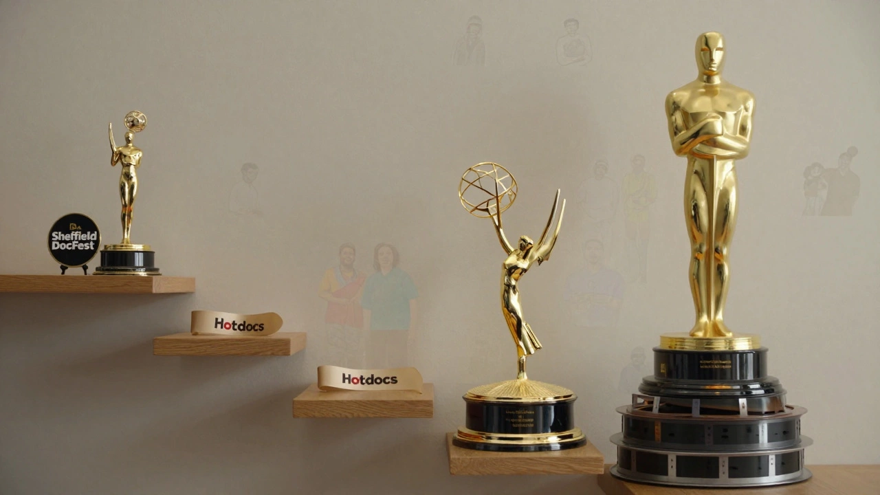 A symbolic progression of documentary awards from IDA to Oscar, with global storytellers reflected in the trophies.