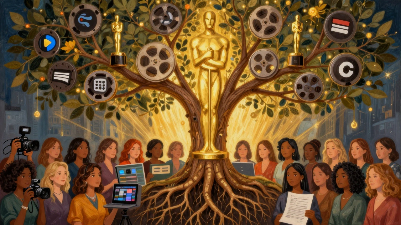 A symbolic tree with film reel roots and Oscar branches, representing women's rising influence in cinema.