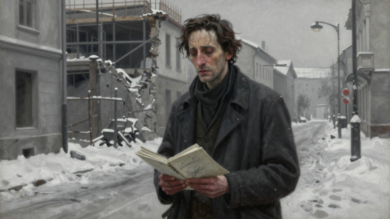 A thin, weary architect stands alone in a snowy street, clutching a sketchbook under a dim red lamp.
