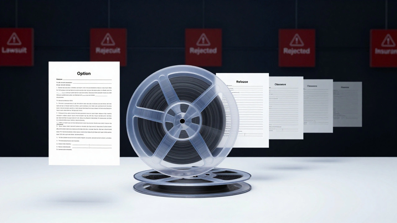 A transparent film reel with legal documents snapping into place, void of warnings fading as chain completes.
