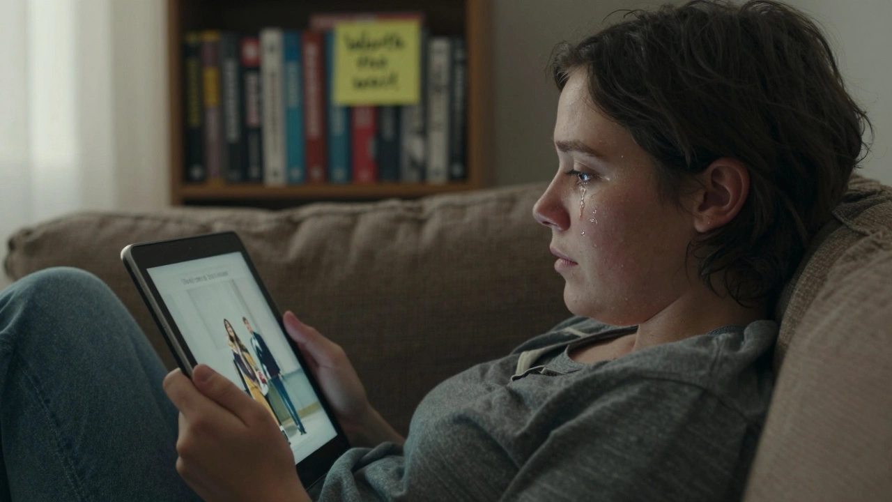 A viewer moved by a film on a tablet, tears on their cheek, surrounded by movie memorabilia.