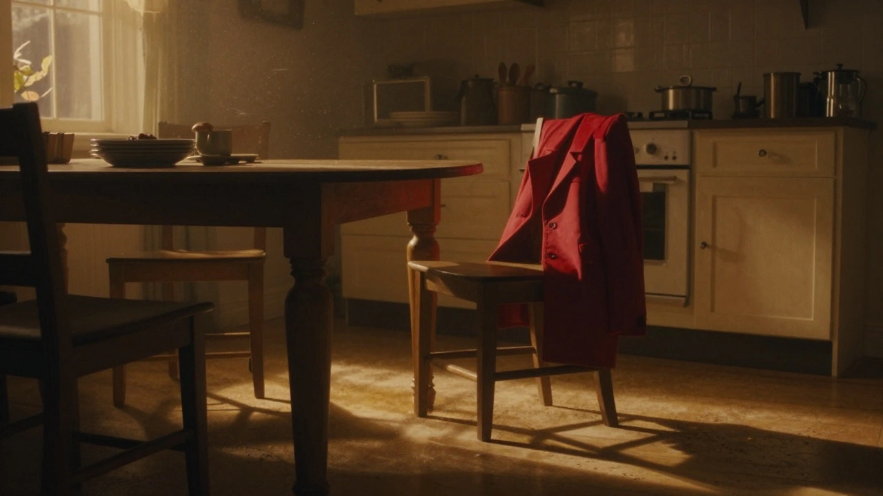 A warm amber-lit kitchen at dusk with a red coat hanging on a chair, suggesting quiet sorrow.