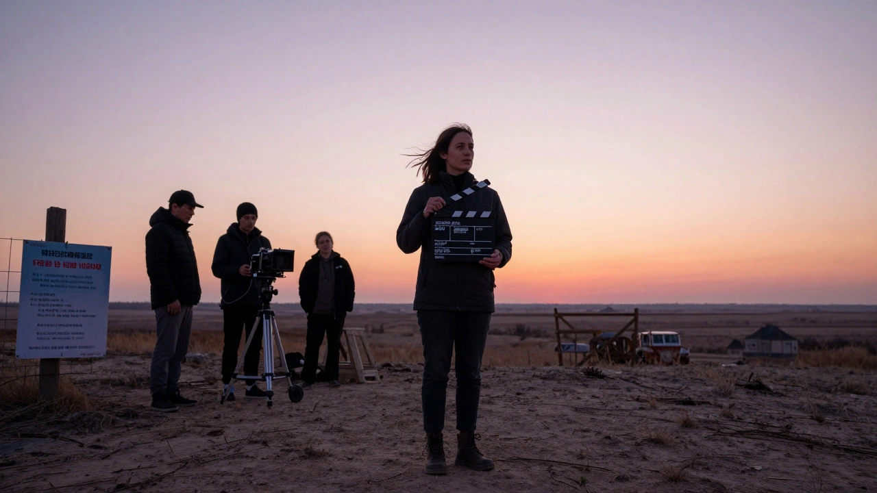 A woman director holding a clapperboard on a rural landscape at sunrise with a small crew nearby.