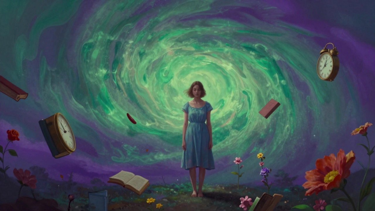 A woman in blue beneath a swirling green and purple sky, surrounded by floating symbolic objects.