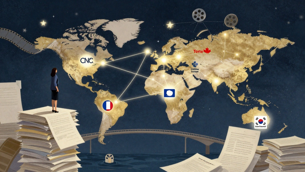 A woman maps a global funding network as a constellation of film institutions connected by glowing bridges.