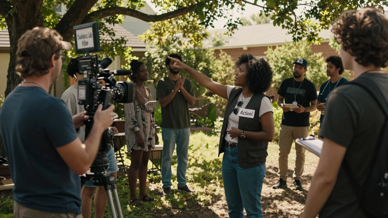A woman of color directing a diverse cast on a sunlit outdoor film set, crew focused around her.