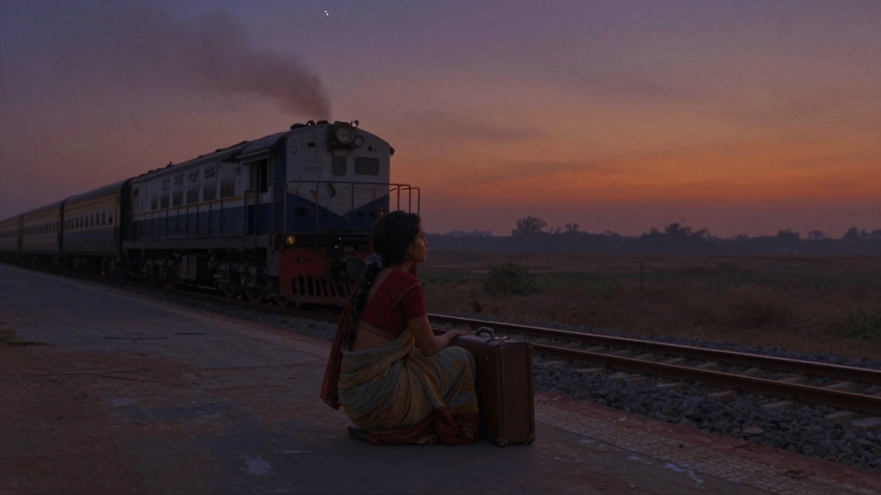 A woman sits alone on an empty train platform at dusk, staring at a motionless train in the distance.