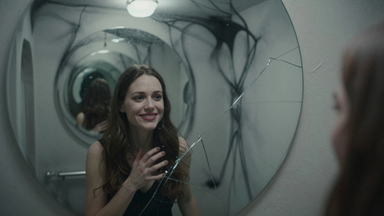 A woman stares in horror at her smiling reflection in a fractured mirror, surrounded by warping, surreal hallways.