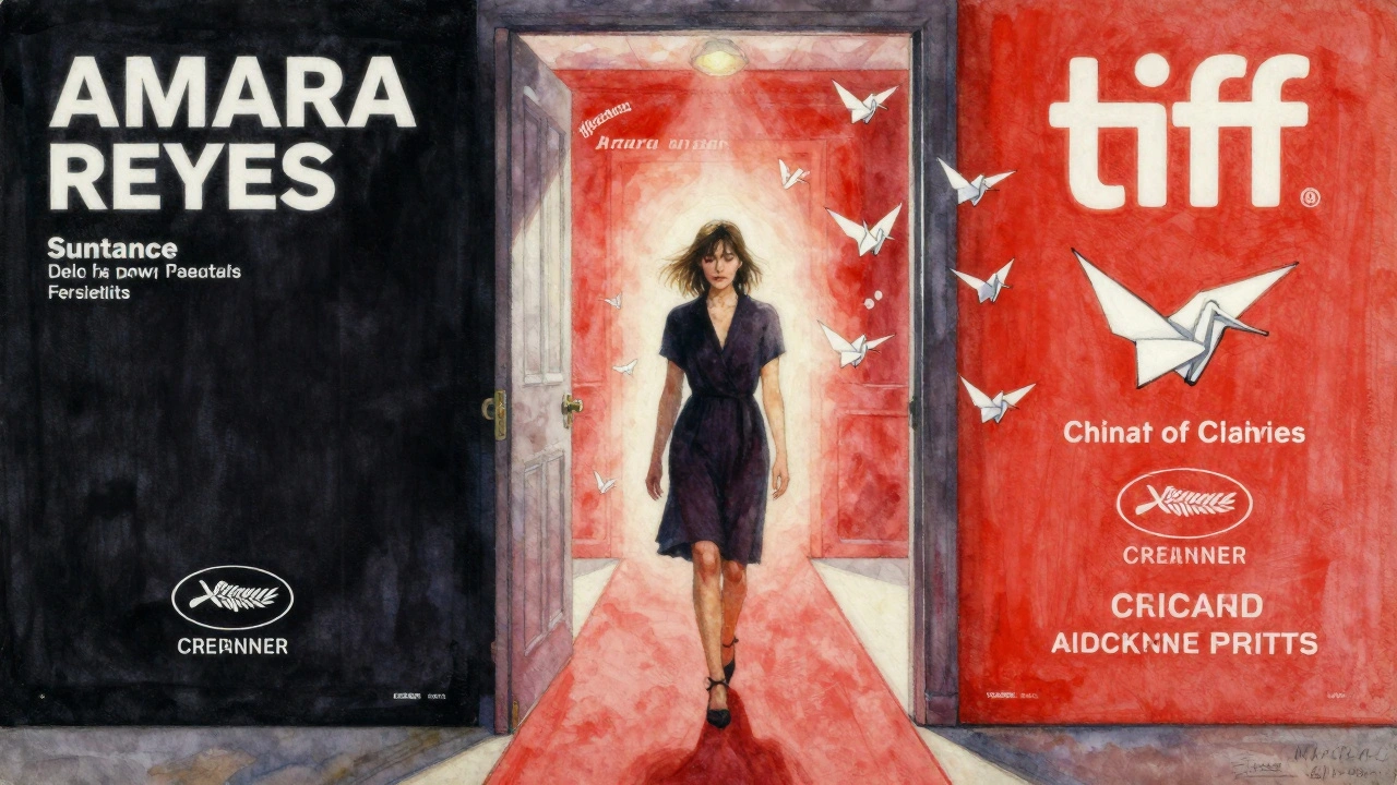 A woman stepping from darkness into light, festival posters behind her, paper cranes of critics' words floating around her.