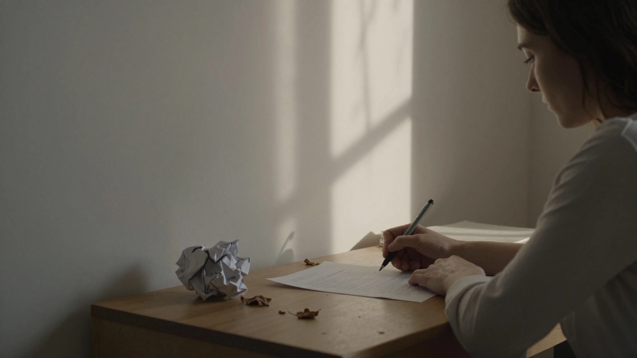 A writer’s ink-stained hands and crumpled papers fill a quiet dawn-lit room.