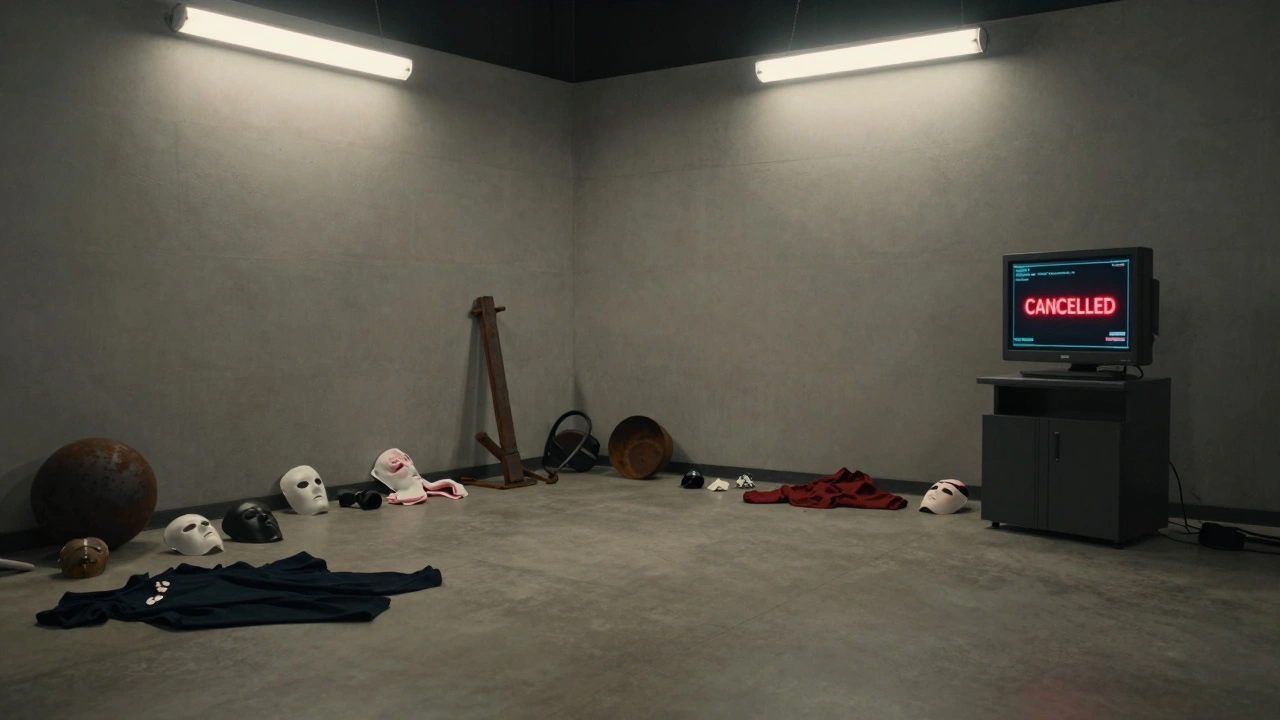 Abandoned props from canceled Netflix shows in a dim soundstage, lit by a single AI terminal displaying a cancellation alert.