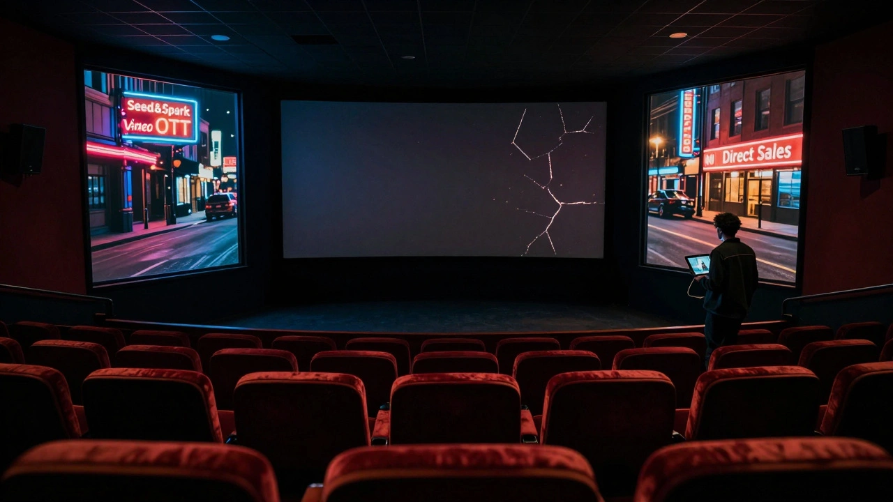 An abandoned theater contrasted with a thriving digital film distribution scene outside.