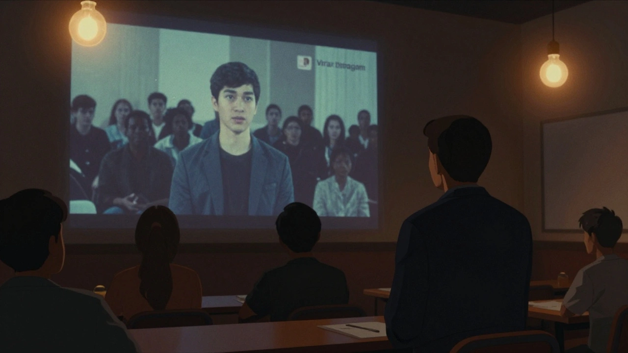 An actor in a classroom, a viral video projected on the wall, ghostly viewers watching in shadows, warm lighting, cinematic mood.