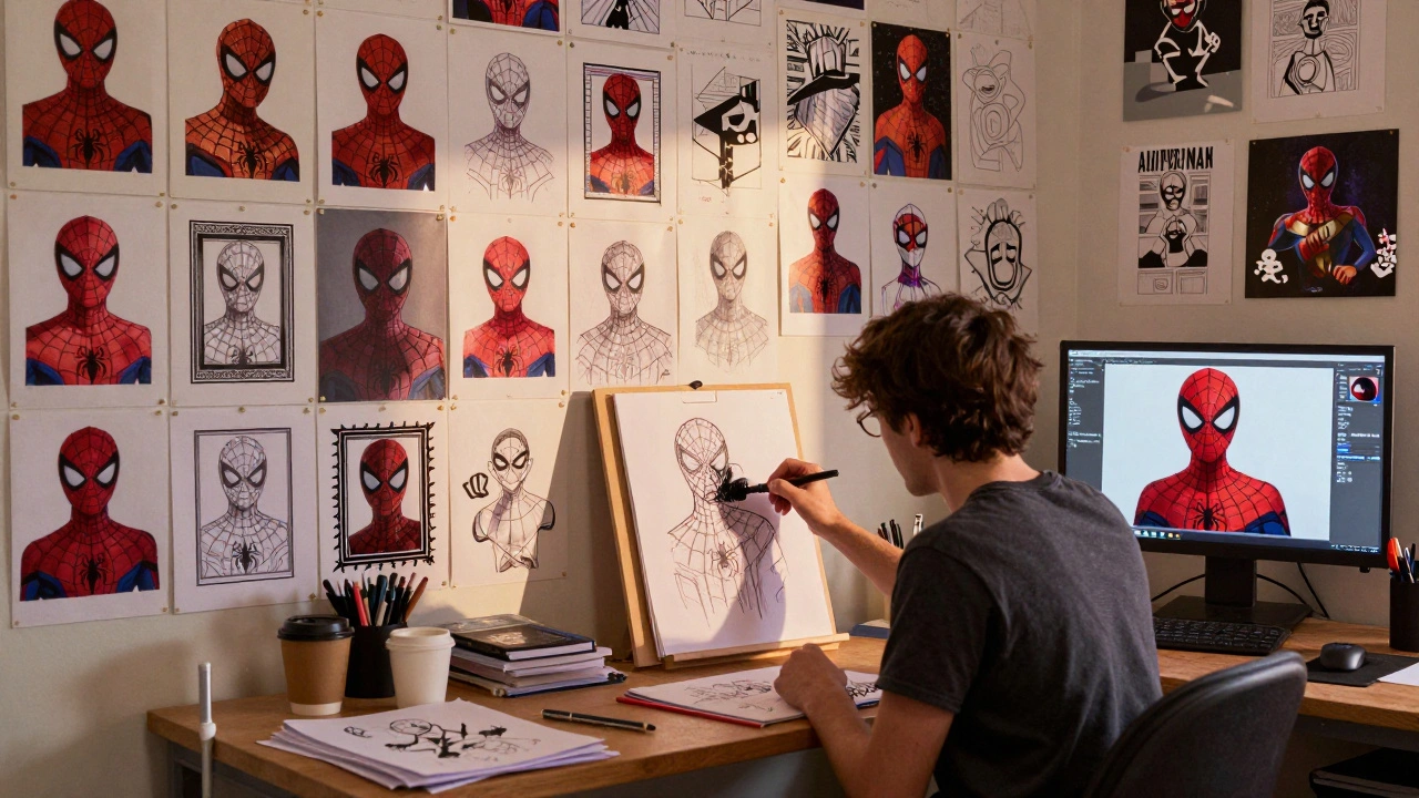 An animator at work surrounded by hundreds of hand-drawn Spider-Verse frames in a sunlit studio.