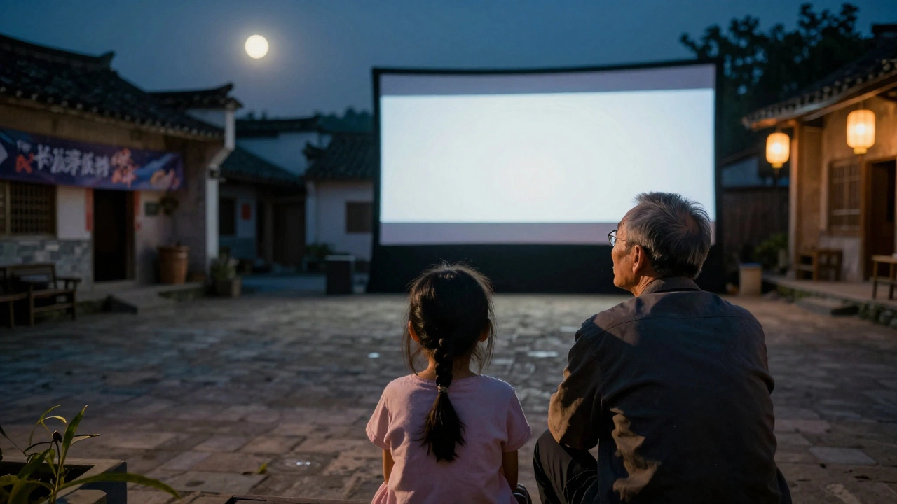An elderly man and child watch a film together under a outdoor screen in a quiet rural village.