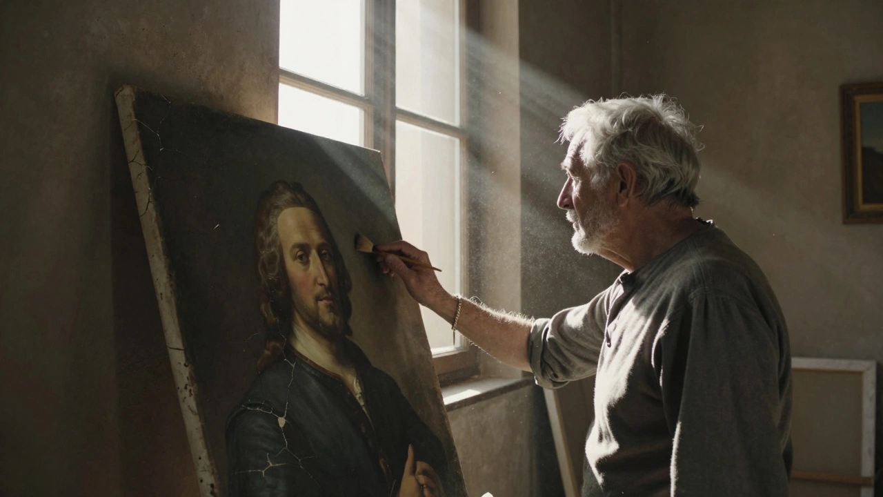 An elderly restorer carefully touching a cracked portrait in a sunlit, dusty room.