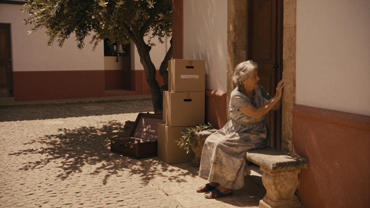 An elderly woman sitting alone on a stone bench in a quiet Andalusian courtyard, surrounded by packed belongings and olive trees.